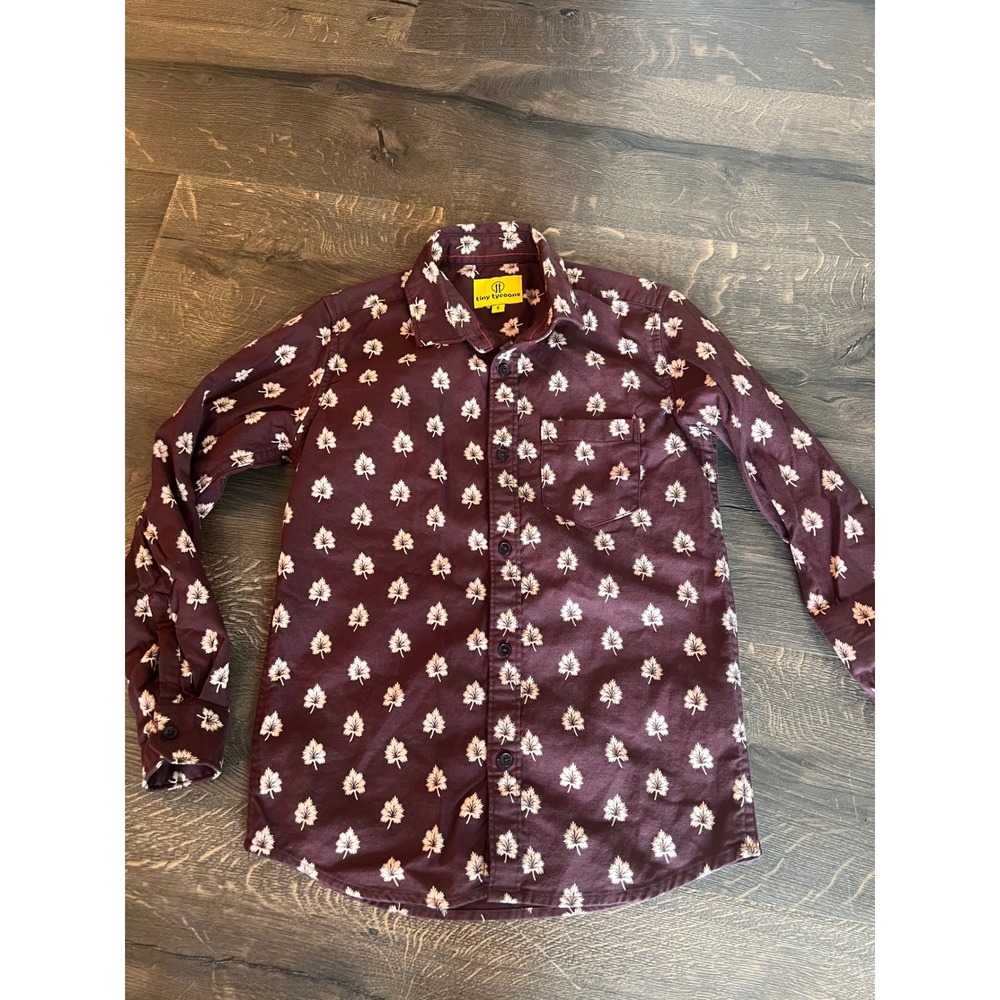 Tiny Tycoons Boys Leaf Print Button Down Shirt Maroon Burgundy Cotton Size 6